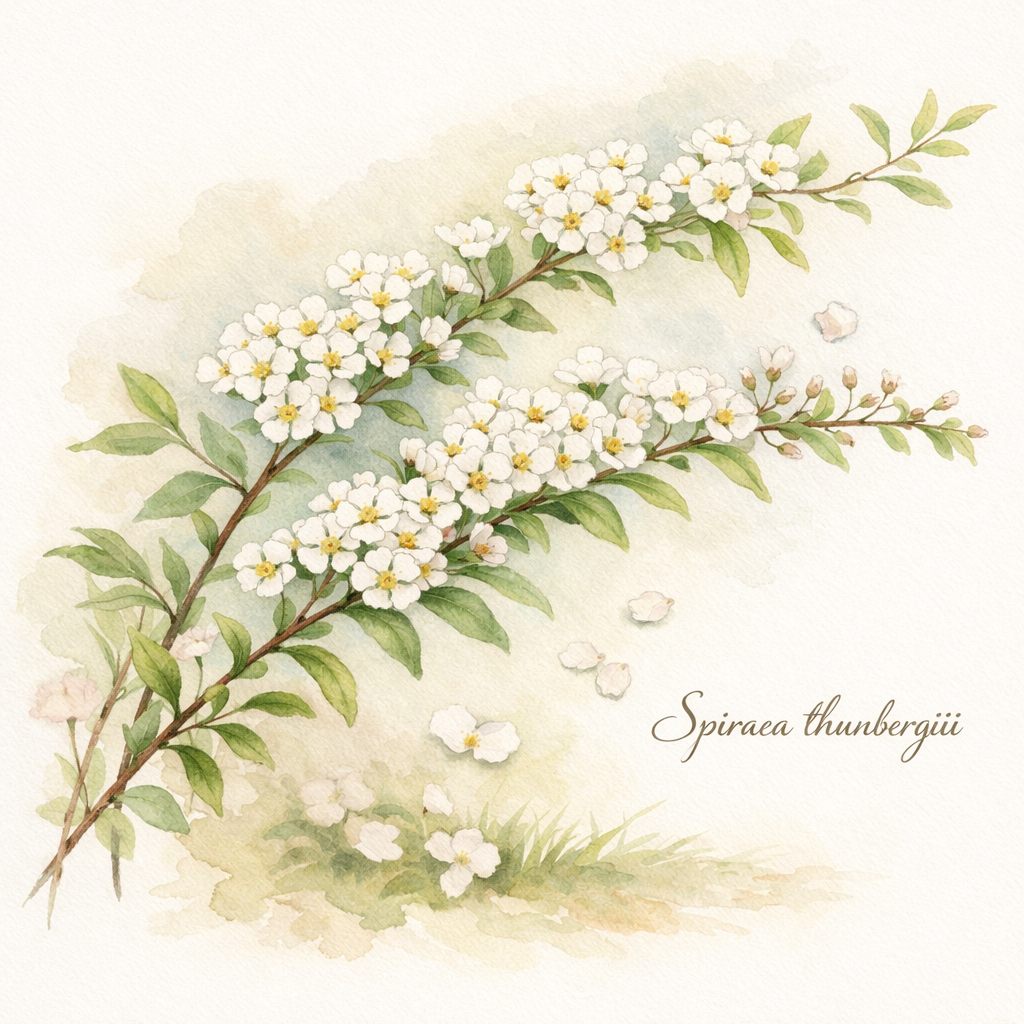Spiraea thunbergii branches with clusters of small white flowers and green leaves in watercolor style